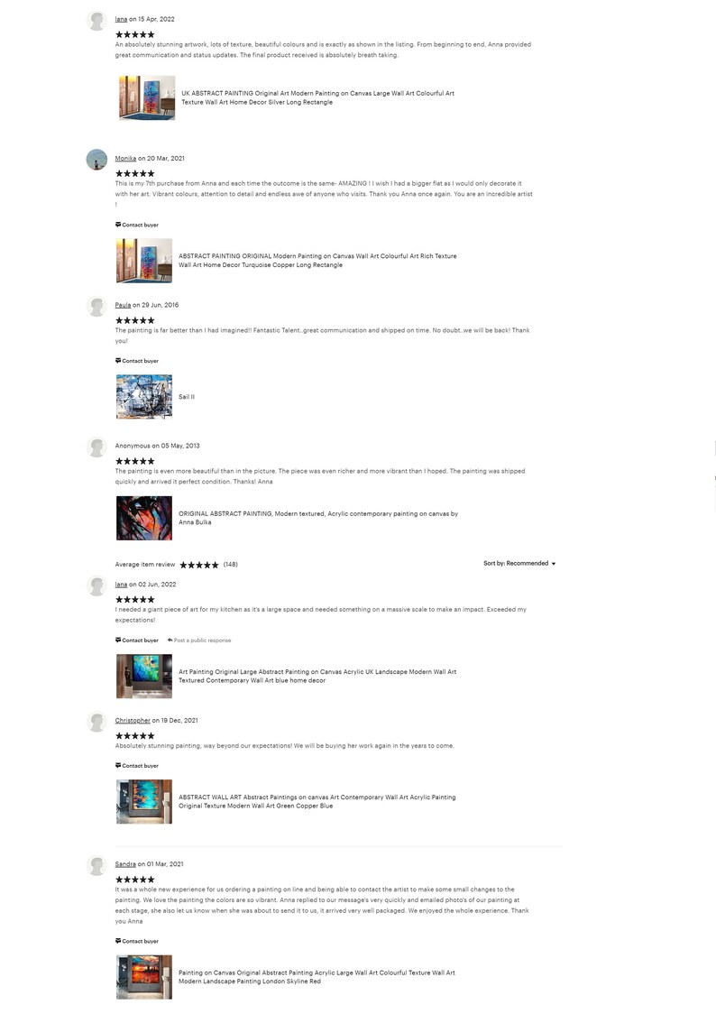 May include: A collection of customer reviews for abstract paintings on canvas. The reviews highlight the vibrant colors, textures, and quality of the artwork. The reviews also mention the artist's communication and shipping speed.