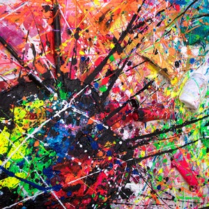 May include: Abstract art painting with a colorful splatter effect. The painting features a variety of colors, including red, orange, yellow, green, blue, and purple. The paint is splattered across the canvas in a random pattern, creating a dynamic and energetic composition.