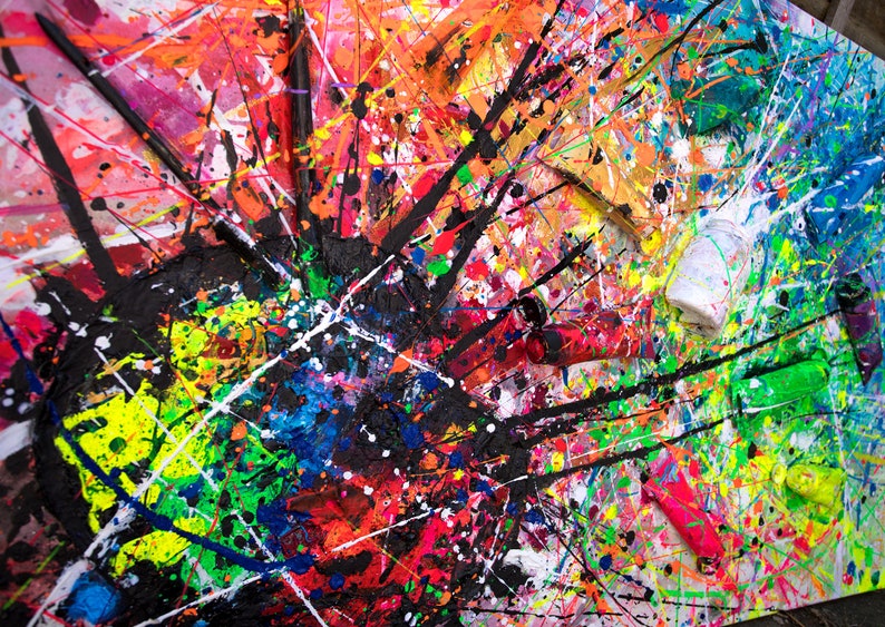 May include: Abstract art painting with a colorful splatter effect. The painting features a variety of colors, including red, orange, yellow, green, blue, and purple. The paint is splattered across the canvas in a random pattern, creating a dynamic and energetic composition.