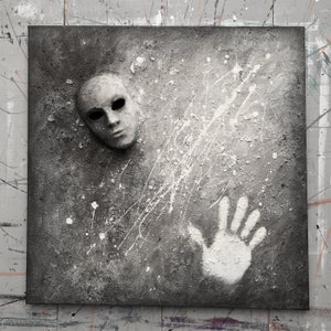 Acrylic Painting Abstract Wall Art Sculptures Painting Relief Portrait Contemporary Wall Art Heavy Textured Dark Face Black White Art Gift