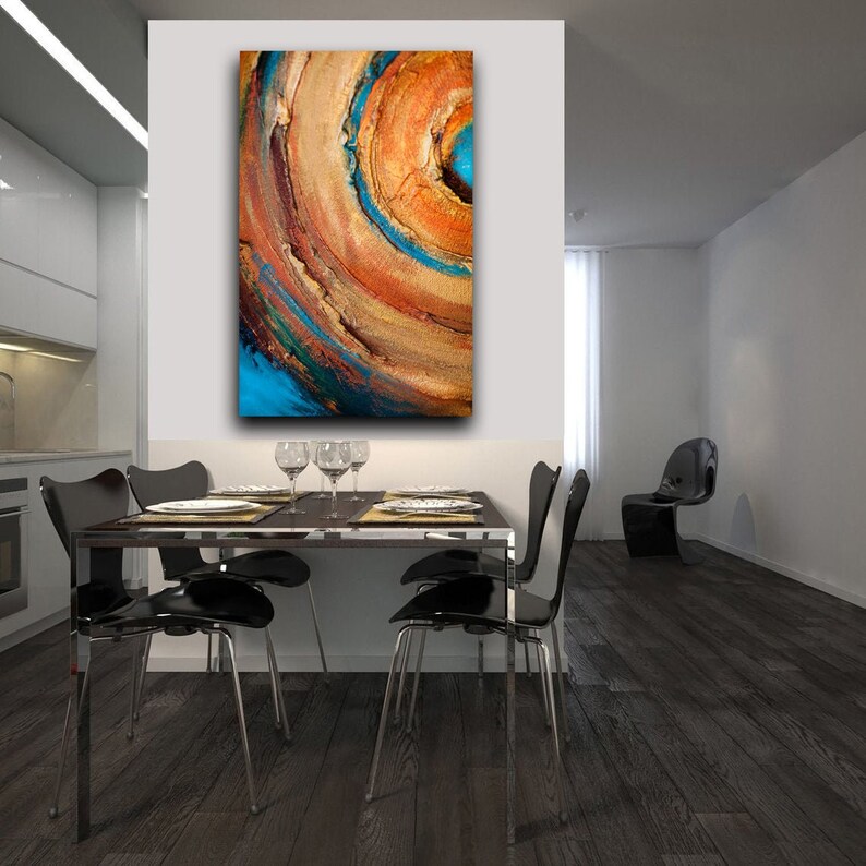 Orange wall art abstract painting large, Textured circle art, Canvas for living room, Blue, Original artwork image 2