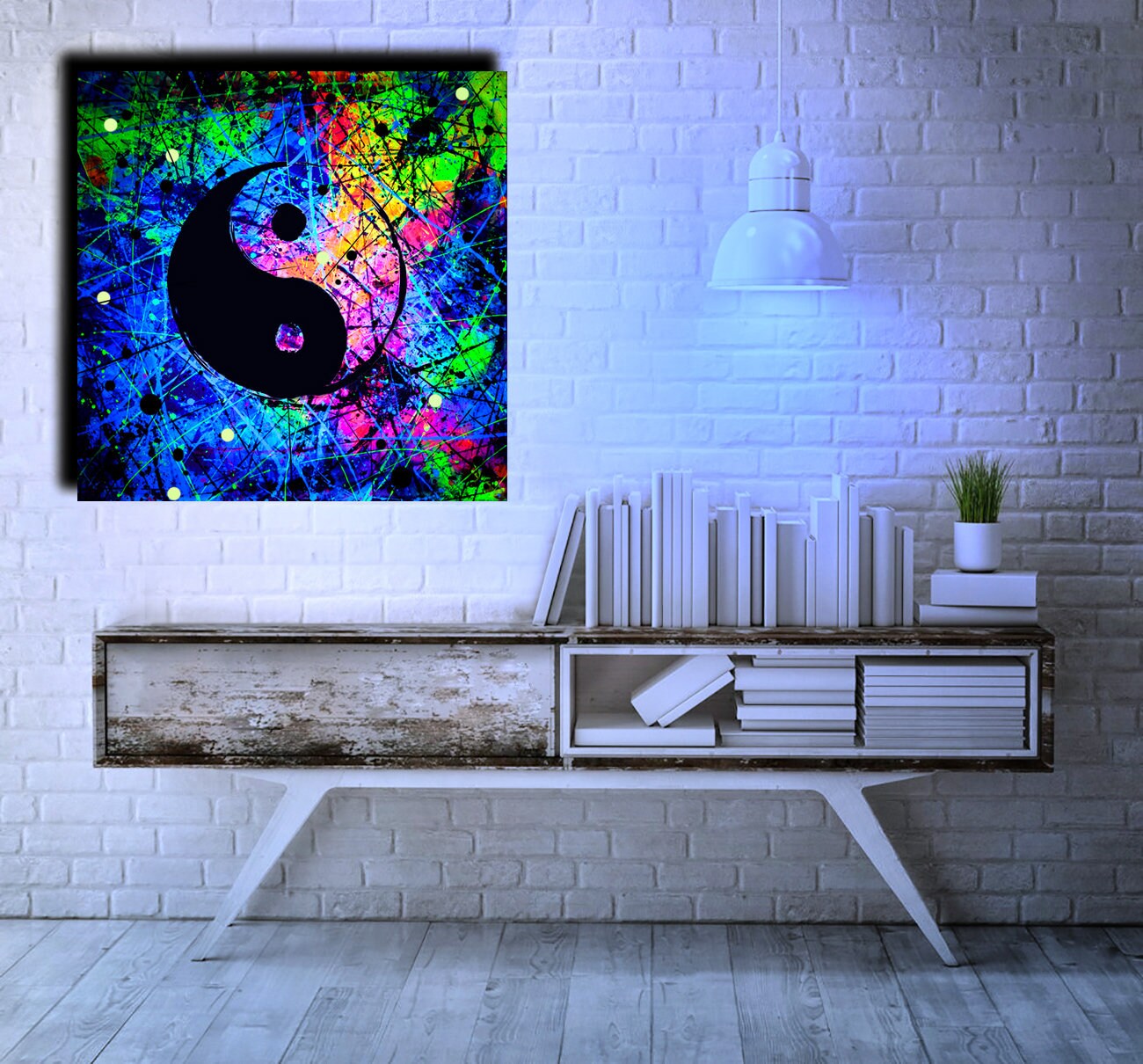 Neon Art Abstract Painting on Canvas Modern Wall Art UV Glow in the Dark  Fluorescent Landscape Contemporary Wall Art Tree Painting. 