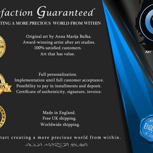 May include: A black and blue graphic with the text "Satisfaction Guaranteed" and "Start creating a more precious world from within". The graphic also includes a gold seal with the text "100% Guaranteed Satisfaction 100% Guaranteed", a gold seal with the text "Commission", a gold seal with the text "Money Back 14 Day Guarantee", and a blue seal with the text "Made in England".