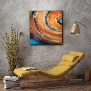 Orange wall art abstract painting large, Textured circle art, Canvas for living room, Blue, Original artwork image 6