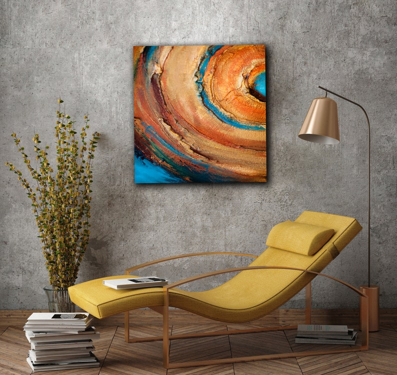 Orange wall art abstract painting large, Textured circle art, Canvas for living room, Blue, Original artwork image 6
