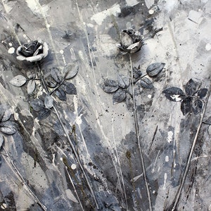 May include: Abstract artwork showing five grey rose blooms with detailed petals and leaves. The roses are set against a textured background of grey, white, and black paint splatters, creating a dramatic contrast.