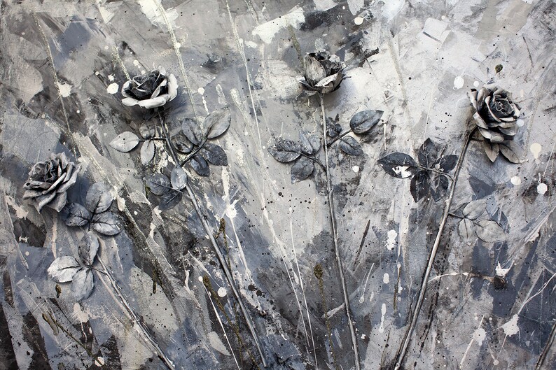 May include: Abstract artwork showing five grey rose blooms with detailed petals and leaves. The roses are set against a textured background of grey, white, and black paint splatters, creating a dramatic contrast.