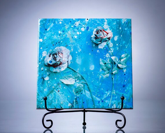 Resin Artwork Tiles Ceramic Art Blue Flower Table Decor - Resin Wall Art Uk