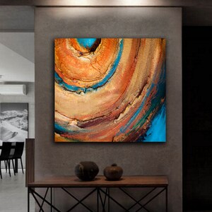 Orange wall art abstract painting large, Textured circle art, Canvas for living room, Blue, Original artwork image 5