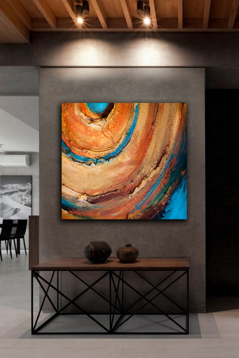 Orange wall art abstract painting large, Textured circle art, Canvas for living room, Blue, Original artwork image 5