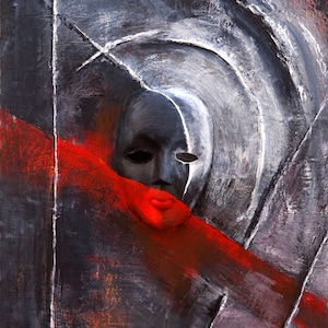 May include: Abstract painting with a black and white mask partially obscured by a red diagonal stripe. The mask has a black eye and a red mouth.