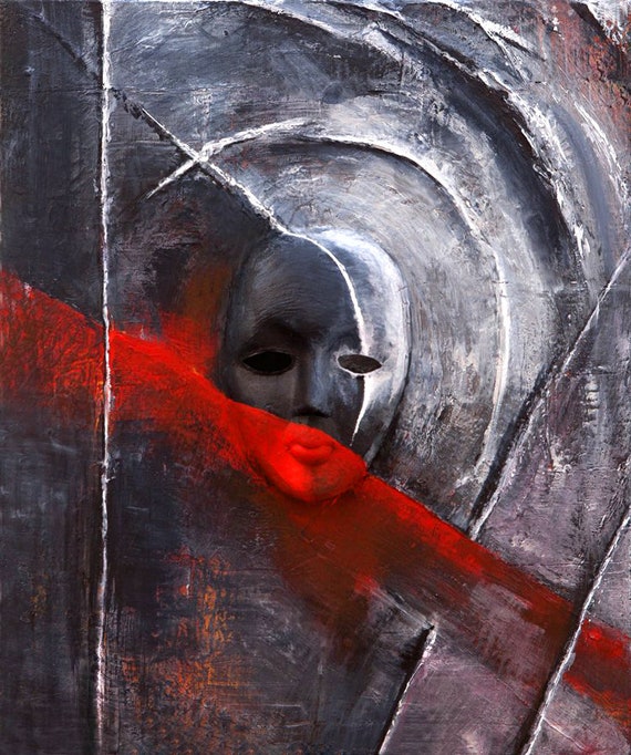 Textured Mask Painting: 3D Red Acrylic Abstract Portrait Art, Modern Wall Art