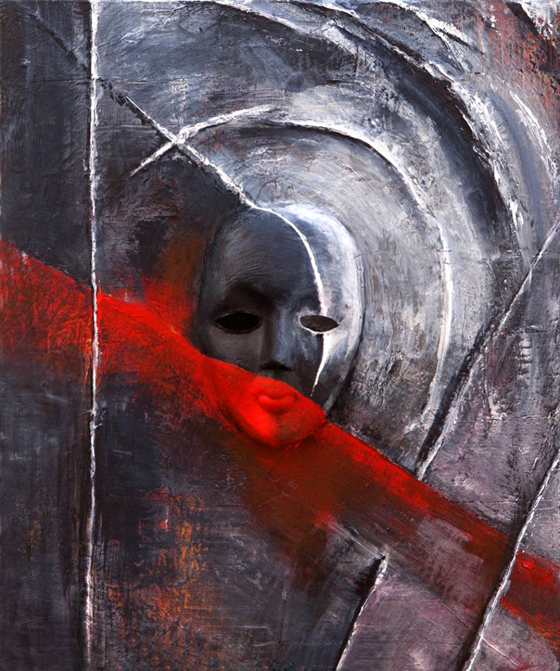 May include: Abstract painting with a black and white mask partially obscured by a red diagonal stripe. The mask has a black eye and a red mouth.