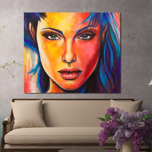 Woman Art Portrait Abstract Painting on Canvas Original Painting UV Glow in the Dark Large Wall Art Acrylic Famous beautiful Colourful image 2