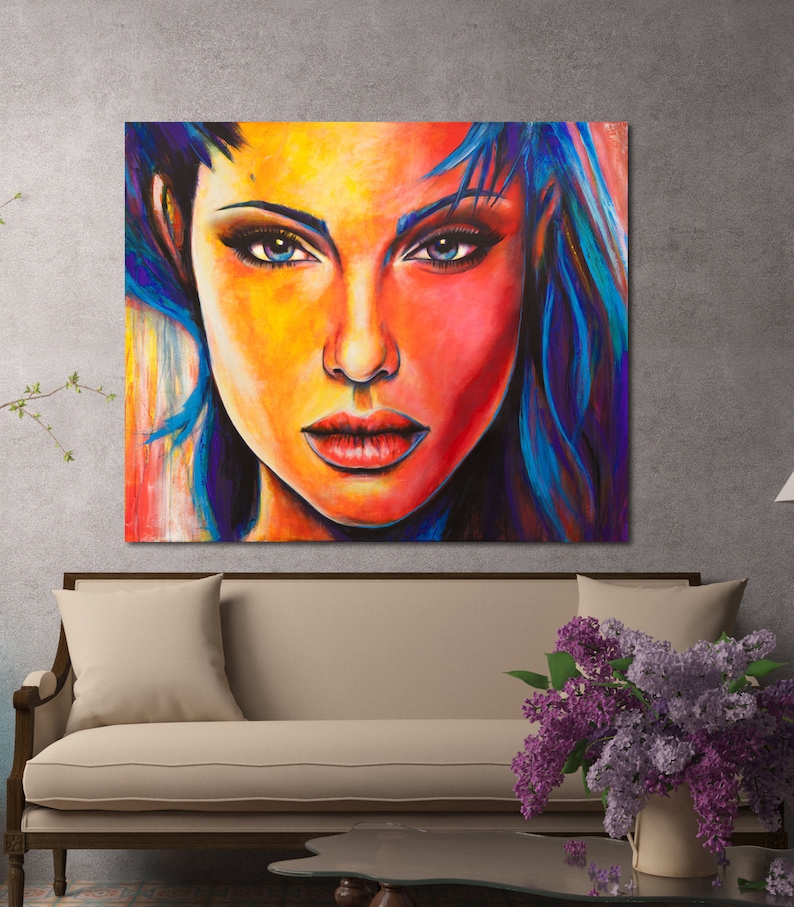 Woman Art Portrait Abstract Painting on Canvas Original Painting UV Glow in the Dark Large Wall Art Acrylic Famous beautiful Colourful image 2