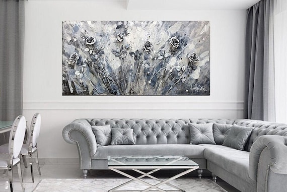 3D Flower Painting: Silver Rose Meadow, Textured wall Art, Grey Abstract original canvas