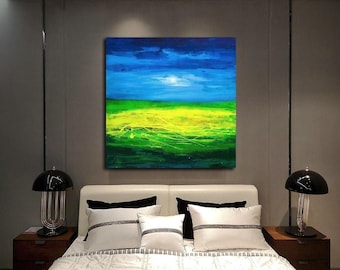 Original Abstract Landscape Painting: Blue, Green, Yellow Wall Art, Minimalist Abstract canvas custom uk