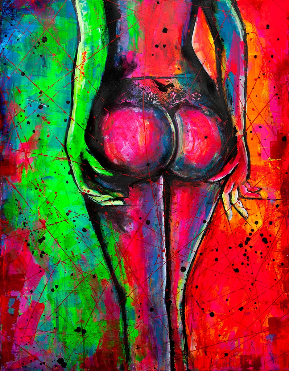 Original nude art, naked body painting UV Erotic art on canvas. Glow in the dark nude art. Buttocks art painting.