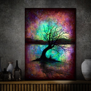 Art PAINTING Abstract Glow In The Dark Art Commission Tree Landscape Original Colourful Modern Contemporary Black Red Acrylic Home Decor.