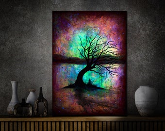 Art PAINTING Abstract Glow In The Dark Art Commission Tree Landscape Original Colourful Modern Contemporary Black Red Acrylic Home Decor.