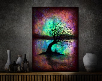 Abstract Tree Painting: Glow in the Dark Acrylic Landscape Art, Contemporary Wall Art Canvas
