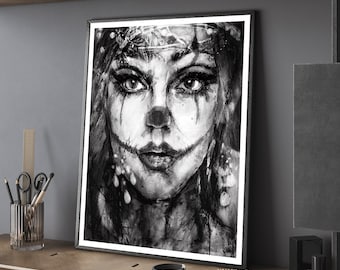 Joker Woman Portrait: Abstract Black and White Photography Art Print, Modern Home Decor
