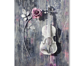 Violin & Rose 3D Wall Art: Music Abstract Texture Painting, Original Home Decor Mixed Media
