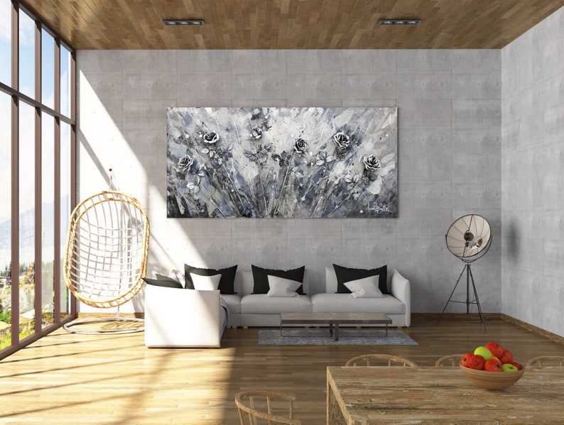 3D Flower Painting: Silver Rose Meadow, Textured wall Art, Grey Abstract original canvas image 9