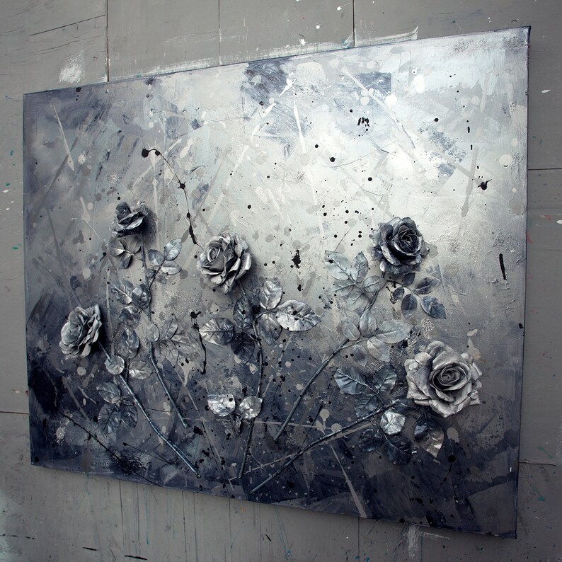 3D Flower Painting: Silver Rose Meadow, Textured wall Art, Grey Abstract original canvas image 3