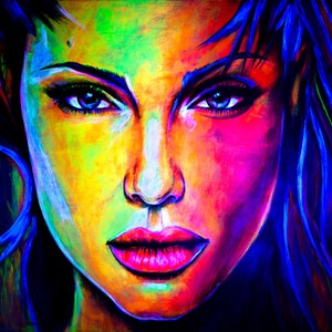Woman Art Portrait Abstract Painting on Canvas Original Painting UV Glow in the Dark Large Wall Art Acrylic Famous beautiful Colourful image 6