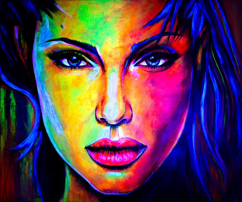 Woman Art Portrait Abstract Painting on Canvas Original Painting UV Glow in the Dark Large Wall Art Acrylic Famous beautiful Colourful image 6