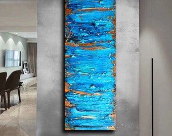 Blue ABSTRACT PAINTING on CANVAS Large Acrylic Painting Original Texture wall Art Modern Large Wall Art Contemporary Blue Copper Wall Art.