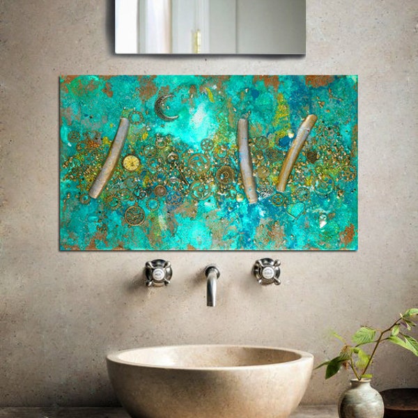 Handmade Splashback, Resin backsplash. Ceramic, Acrylic Painting Home Decor Wall Art Kitchen Bathroom Turquoise Gold Steampunk.