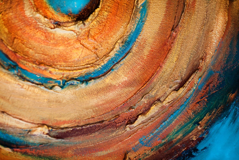 Orange wall art abstract painting large, Textured circle art, Canvas for living room, Blue, Original artwork image 7