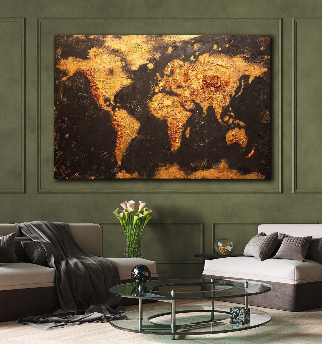 Black and Gold World Map Wall Art Abstract Painting 3D World Map Art