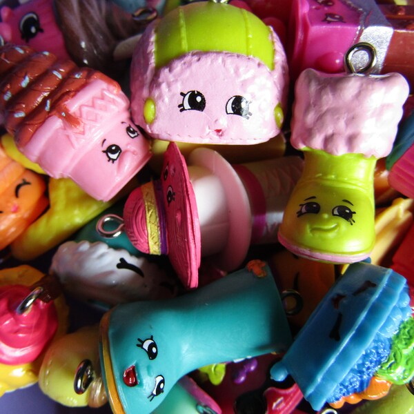 24 Assorted Shopkins Figures Repurposed  into Charms Pendents for Necklaces, Bracelets, Earrings, Zipper Pulls, Key Chain or other items
