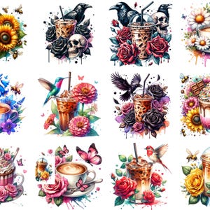 Skurrile Getränke Collage Clipart - Kaffee Eiskaffee Heiße Schokolade Illustrationen zum sofortigen Download erstellt von AI