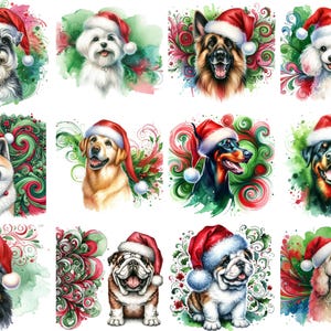 Festive Dogs Clipart Set with Santa Hats Featuring Bulldogs, Rottweilers, Poodles, and More for Instant Download Created by AI