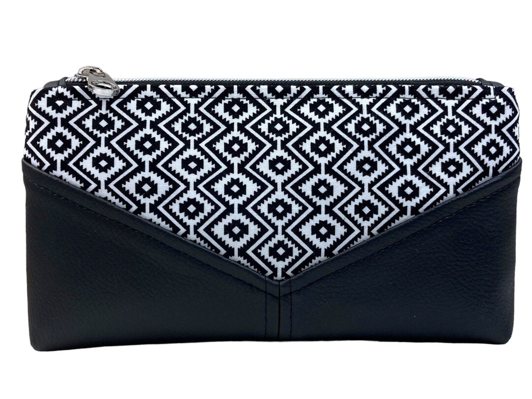 Black and White Clutch Bag, Handmade Zippered Pouch, Leatherette Bag