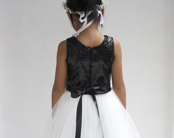 Black and White girl dress, flower girl dress, black sequin tutu dress, flower girl dresses, girl party dress