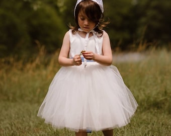 Ivory white tutu dress, flower girl dress with sash, ivory satin girl dress, steel blue wedding flower girl dresses, toddler tutu dress