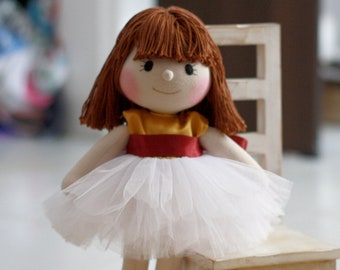 Christmas gift for girl, tutu doll girl with short hair in dark brown or light brown, gold and burgundy tutu doll