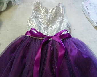 purple flower girls dress, Silver sequin girl dress, glittered tutu dress, flower girl dress purple, birthday dress, girl party dress