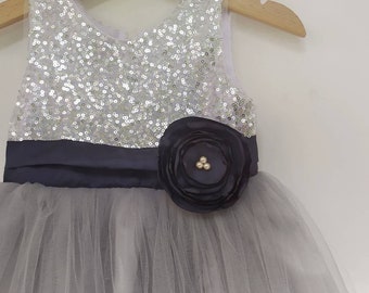 Silver Flower Girl Dress, silver sequin girl dress, flower girl dress navy and grey, silver tutu dress, navy blue flower girl dresses,