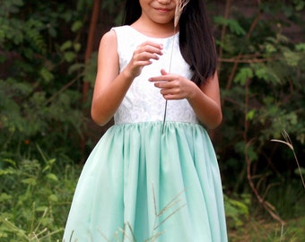 Mint Green flower girl dress, chiffon junior bridesmaid dress, satin and ivory lace dress with mint green chiffon long dress for girls