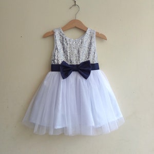 Silver Sequin Flower Girl Dress: Navy Sash, White Tulle