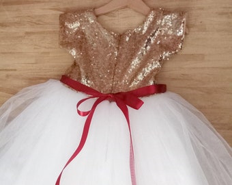 Christmas Dress girls gold, white and red ribbon, Christmas dress toddler, Tutu dress gold and white, Flower girl dress Christmas wedding