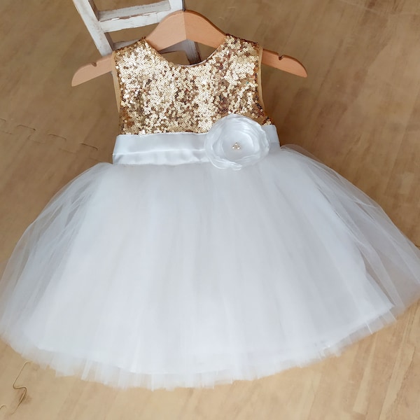 Flower Girl Dress Gold and Ivory white, Gold Sequin Tutu Dress, Toddler flower girl dress, Baby wedding dress