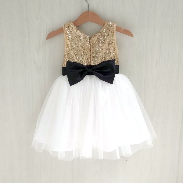 Gold and Black Flower Girl Dress with true white or ivory white tulle. Black Bow flower girl dresses, gold sequin girl dress