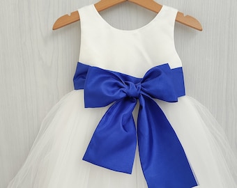 Royal blue flower girl dresses, tulle dress ivory for toddler, flower girl dress white with blue bow sash, royal blue wedding theme